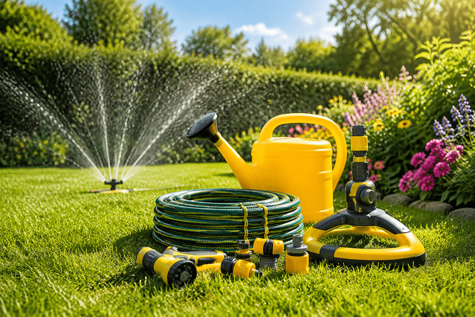 Garden watering equipment arranged on a lawn