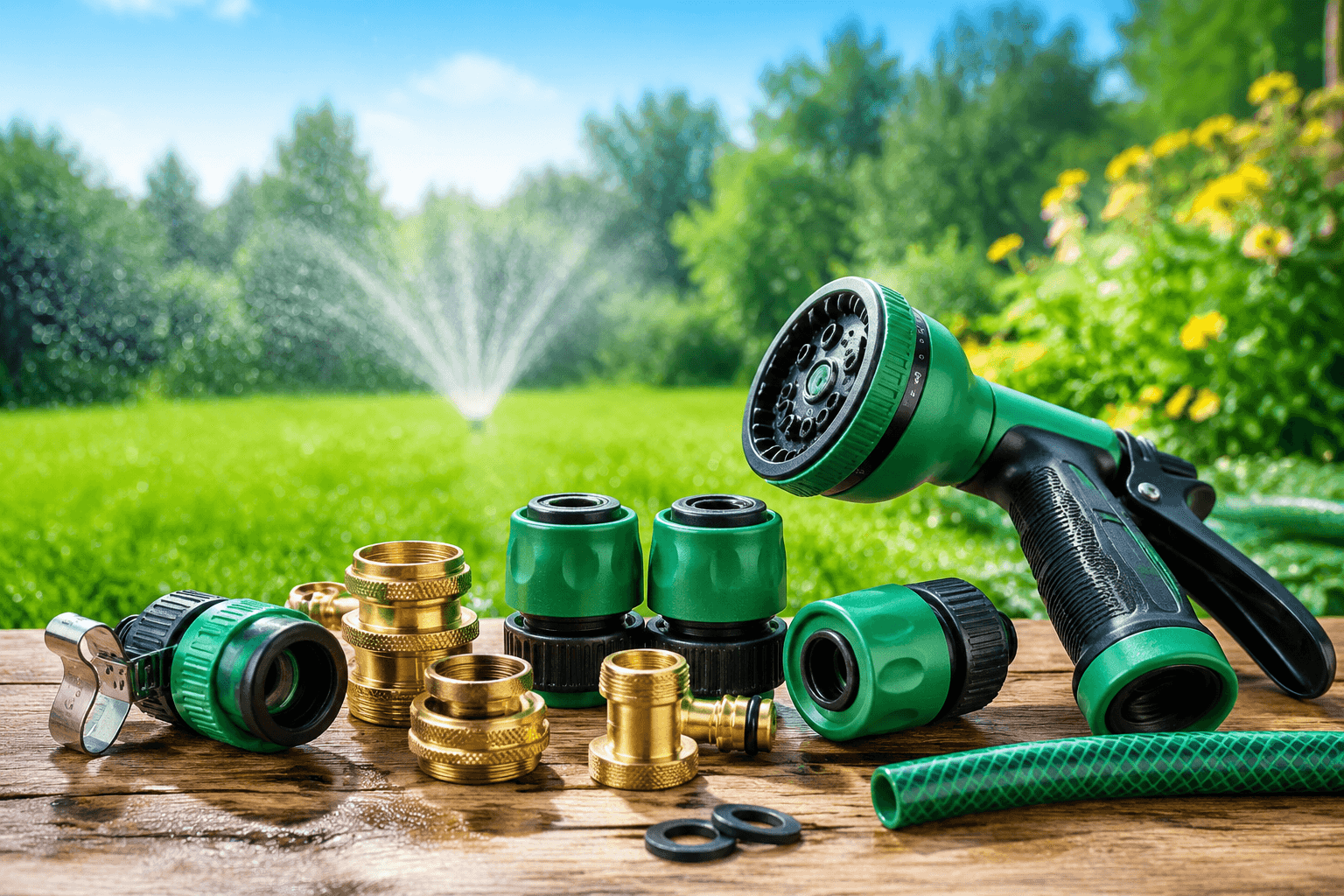 Brass garden watering fittings on a workbench