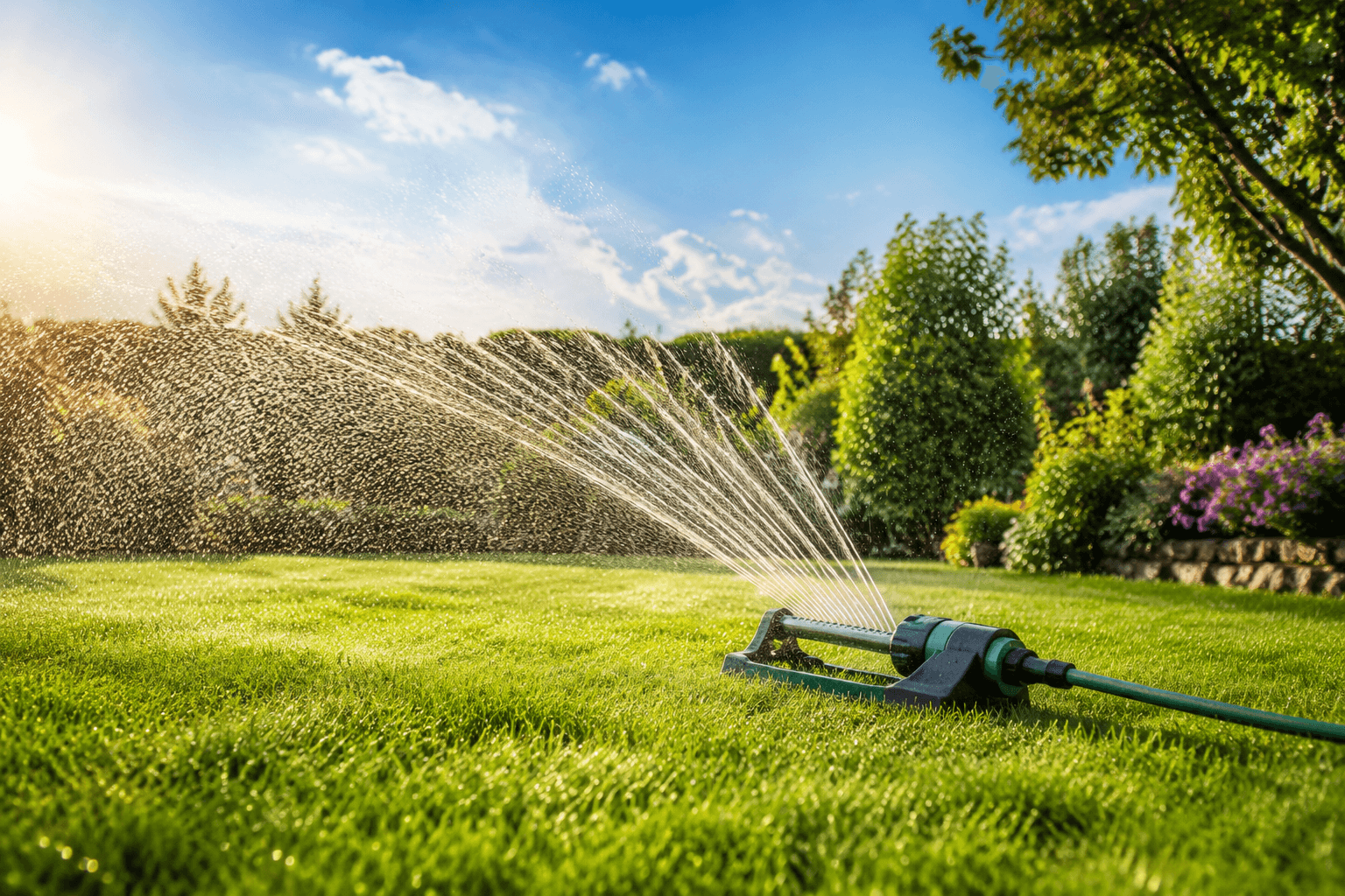 Sprinkler watering a sunlit green lawn
